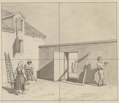 Perspektywa liniowa, zastosowana do malarstwa - szkic niewykorzystanej ilustracji - duński dziedziniec z czterema rolnikami i rzemieślnikami. autorstwa Christoffer Wilhelm Eckersberg