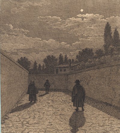 Światło księżyca nad drogą z trzema postaciami. Ilustracja do „Perspektywy liniowej”, płyta IV autorstwa Christoffer Wilhelm Eckersberg
