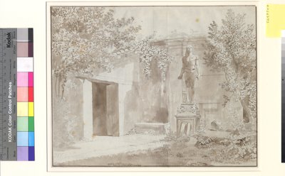 Lot prawdopodobnie z ogrodu Palazzo Barberini z rzymską statuą Antinousa w stylu egipskim, Rzym autorstwa Christoffer Wilhelm Eckersberg