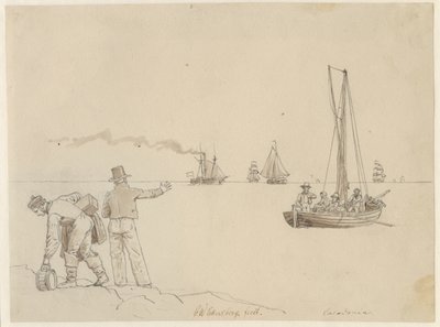 Pasażerowie zostają wyprowadzeni na parowiec Caledonia. autorstwa Christoffer Wilhelm Eckersberg