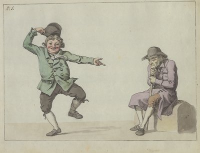 Magazyn satyryczny; mężczyzna podskakuje i śmieje się wskazując na siedzącego starca autorstwa Christoffer Wilhelm Eckersberg