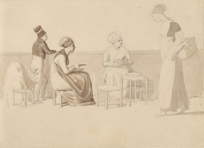 Scena z farmy lub nabrzeża w Paryżu. Cztery postacie siedzące, stojące i chodzące. autorstwa Christoffer Wilhelm Eckersberg