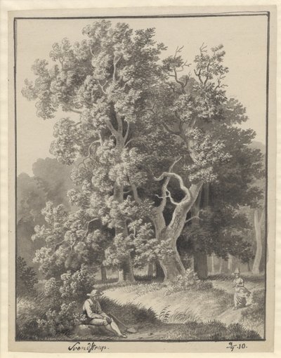 Woodland w Svendstrup z kilkoma postaciami, przed siedzącym mężczyzną z łopatą autorstwa Christoffer Wilhelm Eckersberg