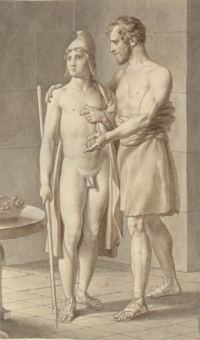 Telemach spotyka Odyseusza w przebraniu żebraka u pasterza Eumaiosa - Odyseusza; fragment całej kompozycji. autorstwa Christoffer Wilhelm Eckersberg