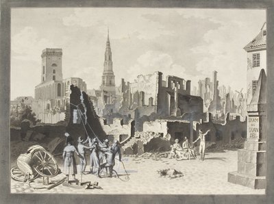 Plac Ulfeldta, teraz nazywany Gråbrødertorv, po brytyjskim bombardowaniu we wrześniu 1807 roku autorstwa Christoffer Wilhelm Eckersberg