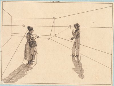 Dwie postacie w geometrycznej konstrukcji. Ilustracja do „Perspektywy liniowej”, płyta IV autorstwa Christoffer Wilhelm Eckersberg