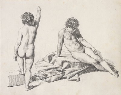 Dwie nagie dziewczynki, jedna siedząca widziana z przodu, druga stojąca widziana z tyłu autorstwa Christoffer Wilhelm Eckersberg