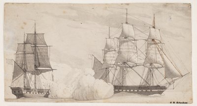 Dwa okręty wojenne w bitwie (angielska fregata Shannon i amerykańska fregata Chesapeak?) autorstwa Christoffer Wilhelm Eckersberg