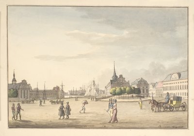 Widok ze Slotspladsen na Børsen i bank autorstwa Christoffer Wilhelm Eckersberg