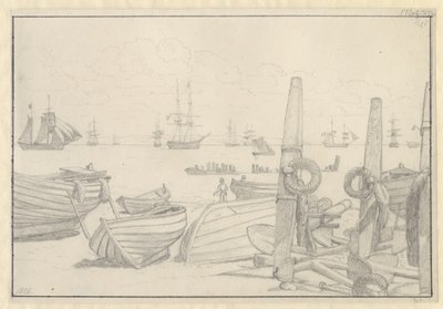 Widok z plaży na południe od Helsingør w kierunku statku strażniczego, brygu „Falster”. autorstwa Christoffer Wilhelm Eckersberg