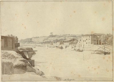 Widok Tybru w kierunku Porto di Ripa Grande i Porta Portese widziany z banku poniżej Monte Aventino, Rzym. autorstwa Christoffer Wilhelm Eckersberg