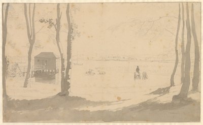 Widok na jezioro, po lewej łaźnia, w centrum jeźdźcy pojenia koni, na pierwszym planie zalesiony autorstwa Christoffer Wilhelm Eckersberg