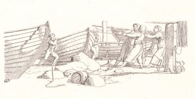Widok na wioskę rybacką. Łodzie ciągnięte na brzeg autorstwa Christoffer Wilhelm Eckersberg