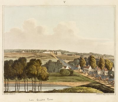 Les Quatre Bras, z „Relacji historycznej z bitwy pod Waterloo”, rycina Jamesa Rouse, 1817 (kolorowa akwatinta) autorstwa C. C. Hamilton