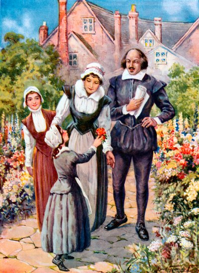 Szekspir w ogrodzie przy New Place, Stratford-on-Avon (kolorowa litografia) autorstwa C. Dudley (after) Tennant