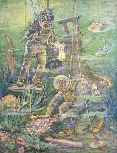 Nurkowie głębinowi znajdują zatopiony skarb, ok. 1890 r. (litografia kolorowa) autorstwa C. Dudley Tennant