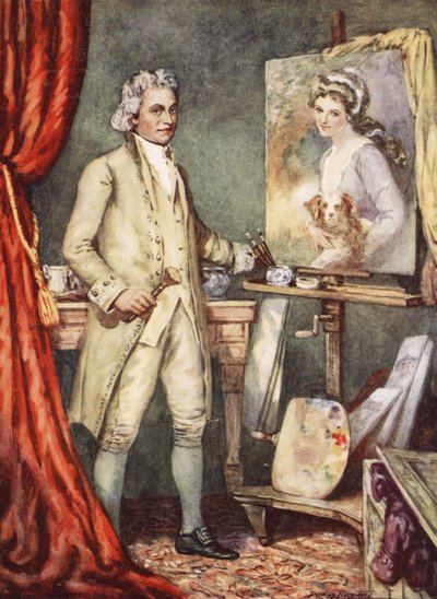 George Romney malujący portret Lady Hamilton (litografia kolorowa) autorstwa C. Dudley Tennant