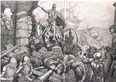 Henryk V podczas oblężenia Harfleur, ilustracja z „British Battles on Land and Sea”, wydana przez Cassell, Londyn, ok. 1910 r. (litografia) autorstwa C. Dudley Tennant