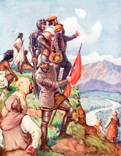 Jacques Cartier rości sobie prawa do Kanady dla Francji (litografia kolorowa) autorstwa C. Dudley Tennant