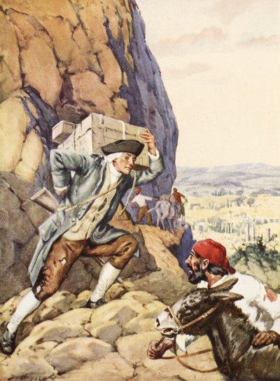 James Bruce pomaga swojemu głupiemu wyznawcy (litografia) autorstwa C. Dudley Tennant