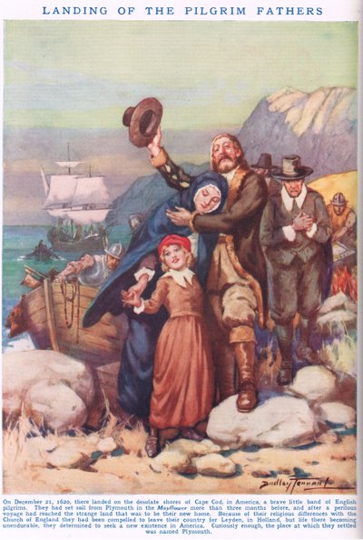 Lądowanie Ojców Pielgrzymów, ilustracja z Obrazkowej Księgi Wiedzy Newnesa (litografia kolorowa) autorstwa C. Dudley Tennant