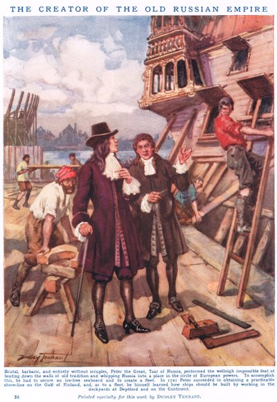 Piotr Wielki: Stwórca Starego Imperium Rosyjskiego, ilustracja z obrazkowej Księgi Wiedzy Newnesa (litografia kolorowa) autorstwa C. Dudley Tennant