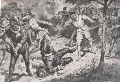 Admirał, a za nim jego drużyna, rzucili się na oślep przed Gwardię Vera Cruz, ilustracja z „British Battles on Land and Sea”, opublikowanej przez Cassell, Londyn, ok. 1910 r. (litografia) autorstwa C. Dudley Tennant