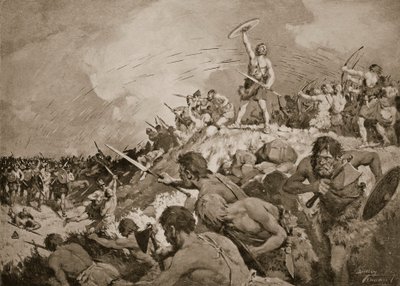 Bitwa pod Mons Badonicus, ok. 500 rne, ilustracja z „Historii narodu” (litografia) autorstwa C. Dudley Tennant
