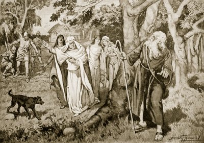 Spotkanie Kennetha i Fenelli, 993, ilustracja z „Historii narodu brytyjskiego Hutchinsona”, ok. 1920 r. (litografia) autorstwa C. Dudley Tennant