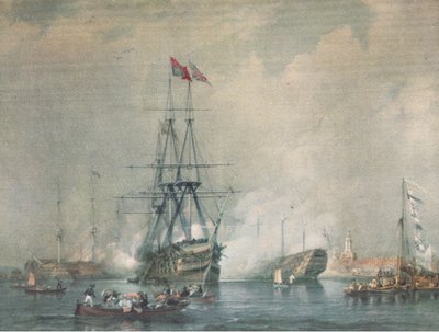 HMS Victory wystrzeliwujący Royal Salute w Portsmouth Harbour, z British Adventure opublikowanego przez Collins, 1947 autorstwa C. J. M. Whichello