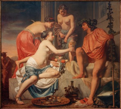 Siedzące na tronie nimfy Bacchus podają wino Bacchus i pt. autorstwa Cesar Boetius van Everdingen