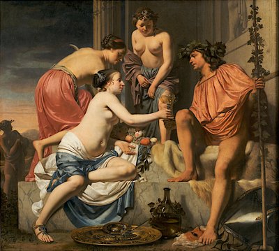 Bachus na tronie - nimfy ofiarowujące Bachusowi wino i owoce autorstwa Caesar van Everdingen