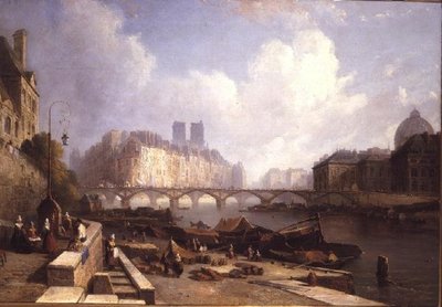 Ile de la Cite, Paryż, z Quai du Louvre (olej na płótnie) autorstwa Caleb Robert Stanley