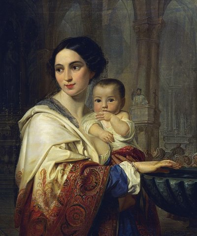 Matka z dzieckiem w ramionach czerpiąca wodę święconą autorstwa Camilla Guiscardi