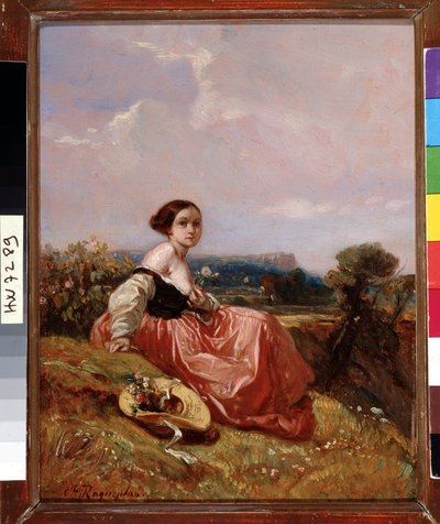 Młoda dziewczyna w kapeluszu przed Sainte Mountain Victoire Obraz Camille Roqueplan (1803-1855) Wym. 18x23 cm Obowiązkowa wzmianka: Kolekcja fundacja pozdrowienia z Prowansji, Marsylia autorstwa Camille Joseph Etienne Roqueplan