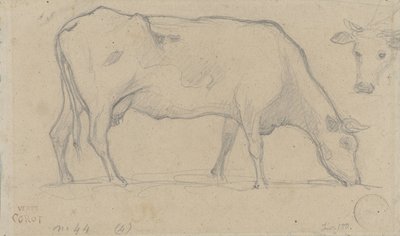 Pasąca się krowa, w prawym górnym rogu znowu głowa krowy autorstwa Camille Corot