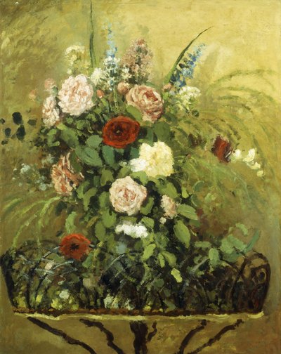 Bukiet Kwiatów z Rustykalnym Drewnianym Jardiniere; Bukiet kwiatów, z rustykalną drewnianą donicą, ok. 1876 r. autorstwa Camille Jacob Pissarro