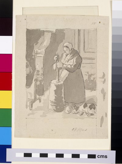 Studium kompozycyjne chłopki produkującej masło (szary wash & chińska biel na czarnej kredzie na papierze) autorstwa Camille Jacob Pissarro