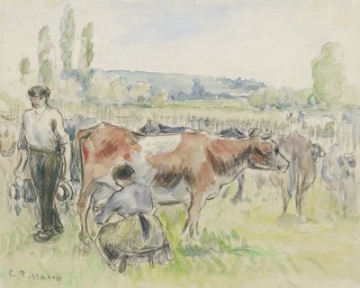 Studium kompozycyjne sceny dojenia w Eragny-sur-Epte, 1884 (akwarela na czarnej kredzie) autorstwa Camille Jacob Pissarro