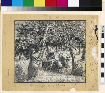 Badanie składu wieśniaczek zbierających jabłka (pióro i atrament indyjski z chińską bielą na papierze) autorstwa Camille Jacob Pissarro