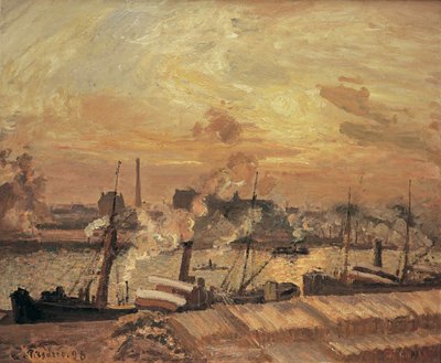 Rozładunek drewna, Quai de la Bourse, zachód słońca, 1898. autorstwa Camille Jacob Pissarro