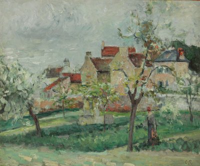 Kwitnąca śliwkowa warkocz, Pontoise; Kwitnące śliwki, Pontoise, ok. 1876 r. autorstwa Camille Jacob Pissarro