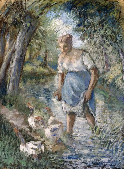 Chłop przechodzący przez strumień, ok. 1894 r autorstwa Camille Jacob Pissarro