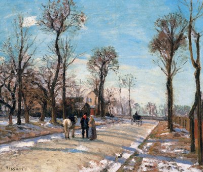 Droga do Wersalu, Louveciennes, Zimowe Słońce i Śnieg, ok. godz. 1870 autorstwa Camille Jacob Pissarro