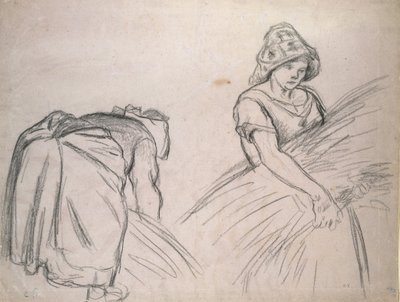 Studium dwóch kobiet żniwiarek, 1882 (czarna kreda na różowym papierze z dodatkiem bieli) autorstwa Camille Jacob Pissarro