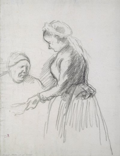 Studium matki artysty z pokojówką (węgiel drzewny na papierze) autorstwa Camille Jacob Pissarro