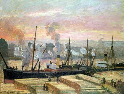 Zachód słońca w Rouen, łodzie rozładowujące drewno, 1896 autorstwa Camille Jacob Pissarro