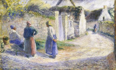 Wiejska ulica z trzema osobami po prawej stronie autorstwa Camille Jacob Pissarro