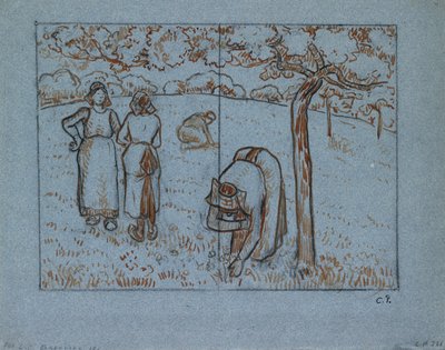Studium kompozycyjne czterech chłopek pracujących w sadzie „Wiosna”, ok. 1894 r. autorstwa Camille Pissarro