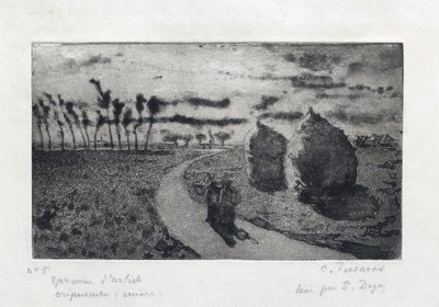 Zmierzch ze stogami siana, 1879 autorstwa Camille Pissarro